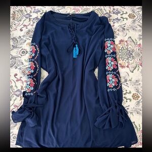 Navy Blue embroidered dress with bell sleeves